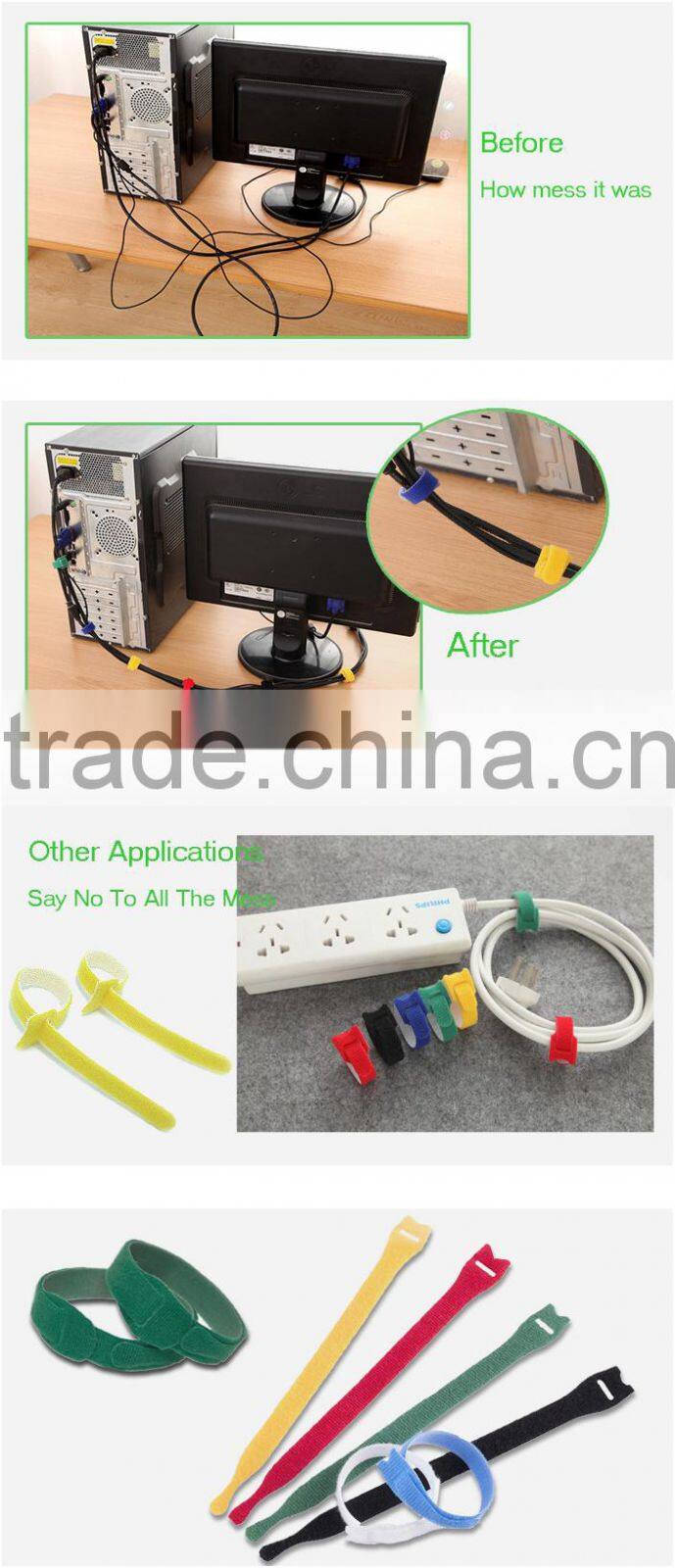 Colorful back to back T shape magic tape cable ties