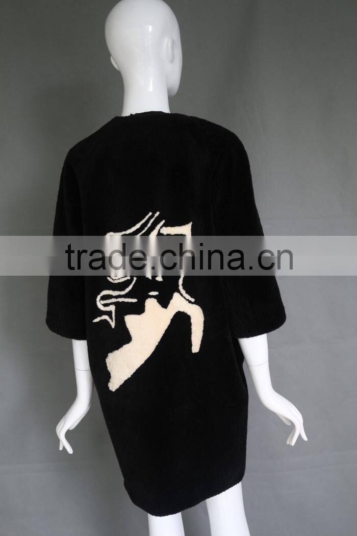 Hot sale embroidery medium sleeve women long overcoat shearing sheep fur coat parka with real lamb fur