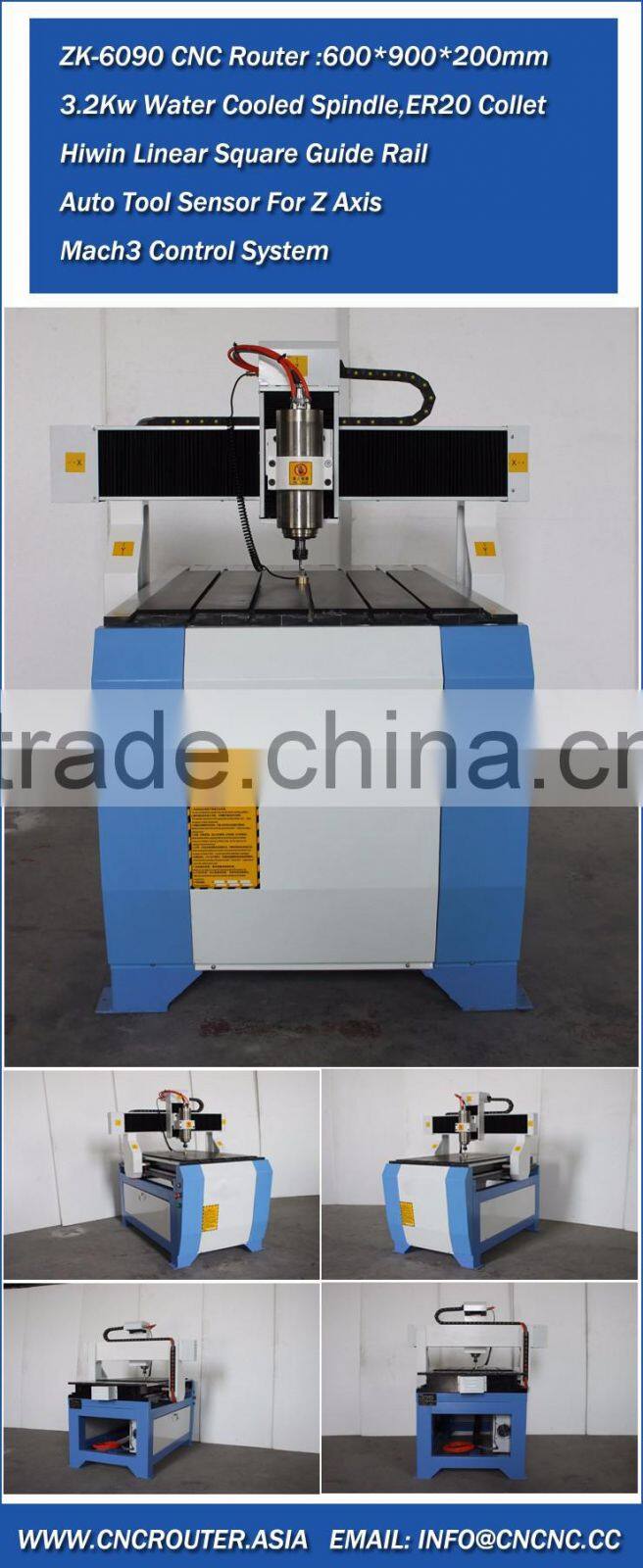 Desktop 3D CNC Wood Router Machine 6090 With Mach3 Control Auto Tool Calibration ZK6090-3200W CE Certification
