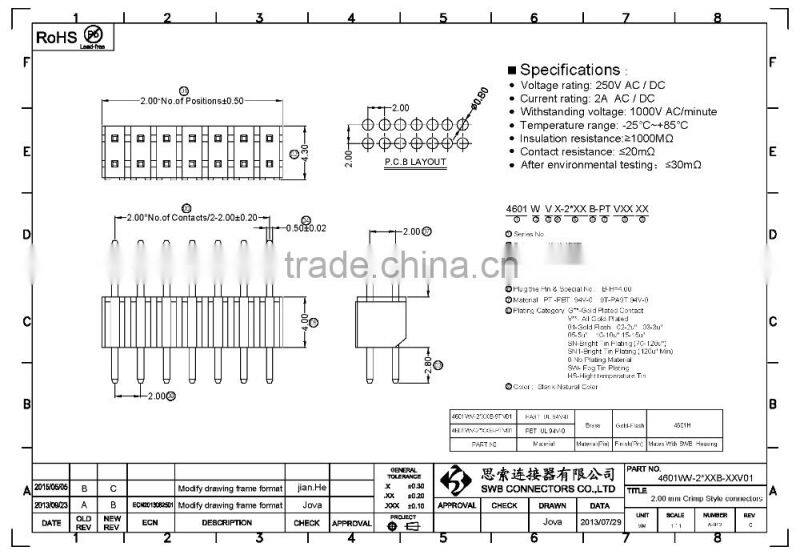 2.00mm Pitch WTB Pin Male Header Connectors