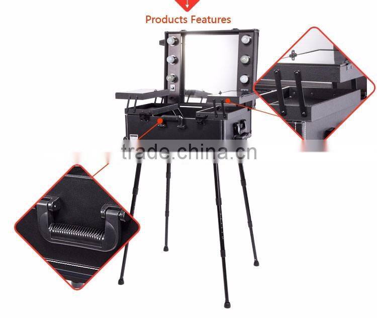 wholesale PVC trolley makeup case with stand legs and light mirror