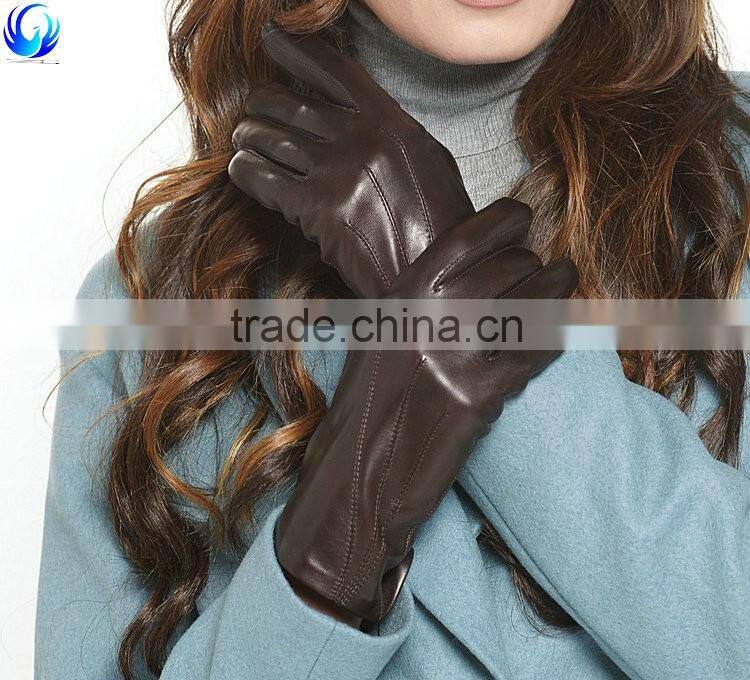 2016 factory made winter women wool lined brown sheepskin leather gloves