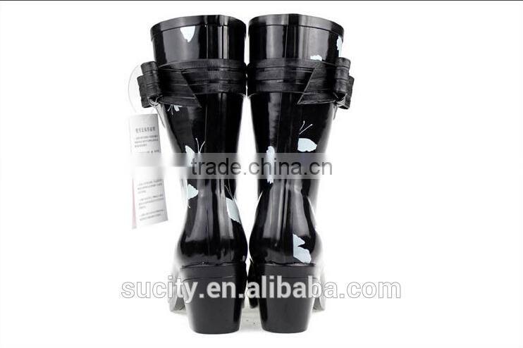 butterfly wedge heel womens rubber rain boots with strap