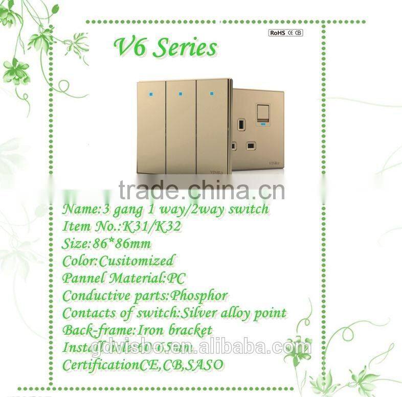 New design V6 series high quality and safety products 3 gang switch for home