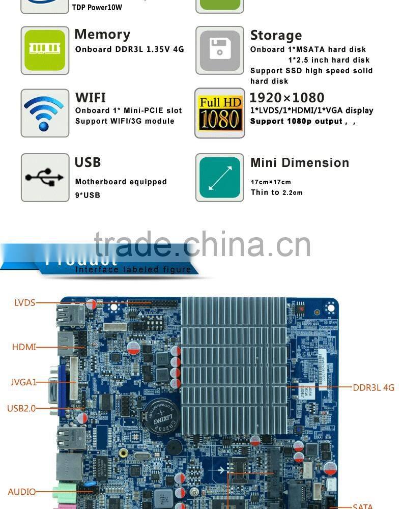 Thin itx motherboard J1900 industry pc mainboard with Onboard DDR3L 1.35V 4GB RAM