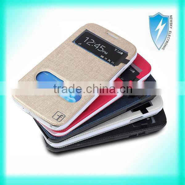 Window View Silk Leather PU Flip Stand Holder For Samsung Galaxy S4 i9500 Smart Phone Case