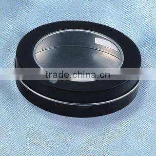 red round shape tin box size:95*25mm black with clear window small metal tin boxes