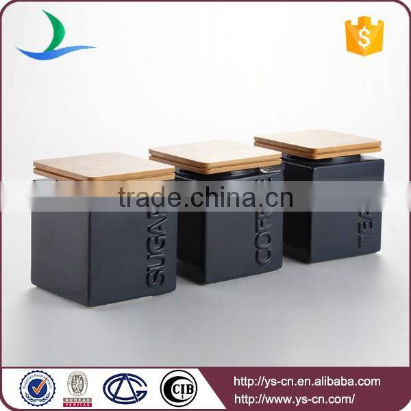 Glazed ceramic tea sugar coffee canisters with wooden lid