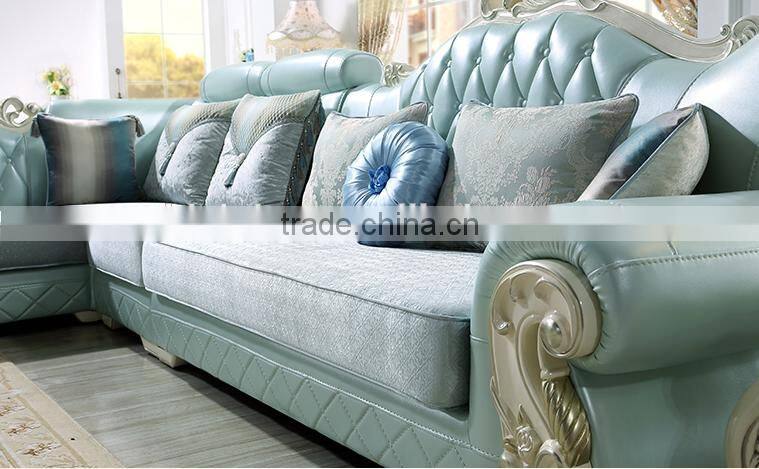 Fabric seat light blue genuine leather corner sofa set