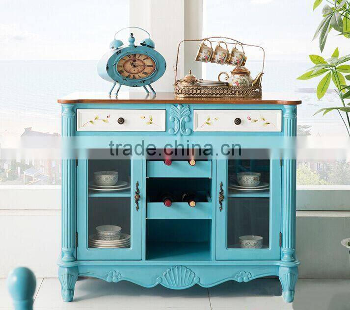Mediterranean style solid wood hand painting dining room blue two doors sideboard; side cabinet