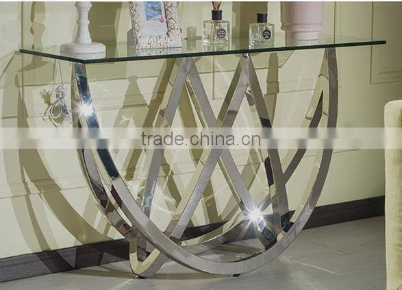 Special Shape Tempered Glass Top Console Table Set With Stainless Steel Base For Home Use