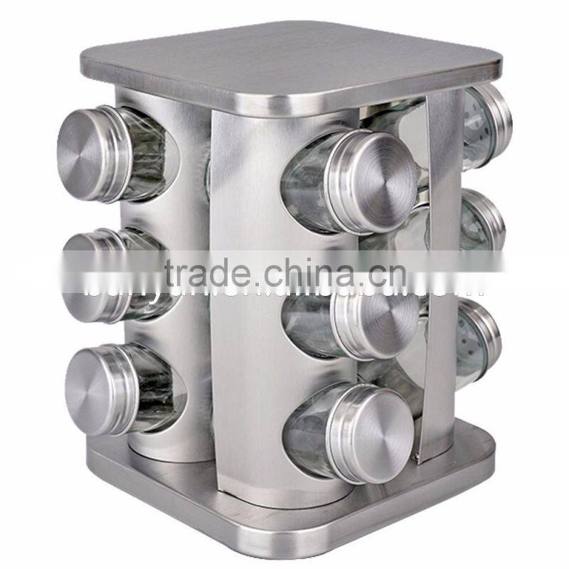 12 jars Glass Condiment Kitchen Set Stainless Steel Revolving Spice Rack set