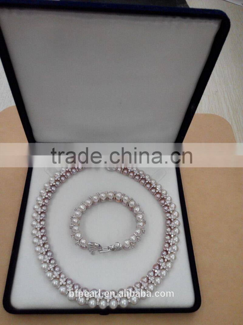 2 Rows 6.5-8mm Round Freshwater Pearl Jewelry Sets