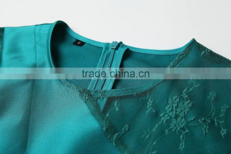 Autumn Round Neck Embroidered Mesh Patched Long Sleeve High Empire Pleated Women Jumpsuit