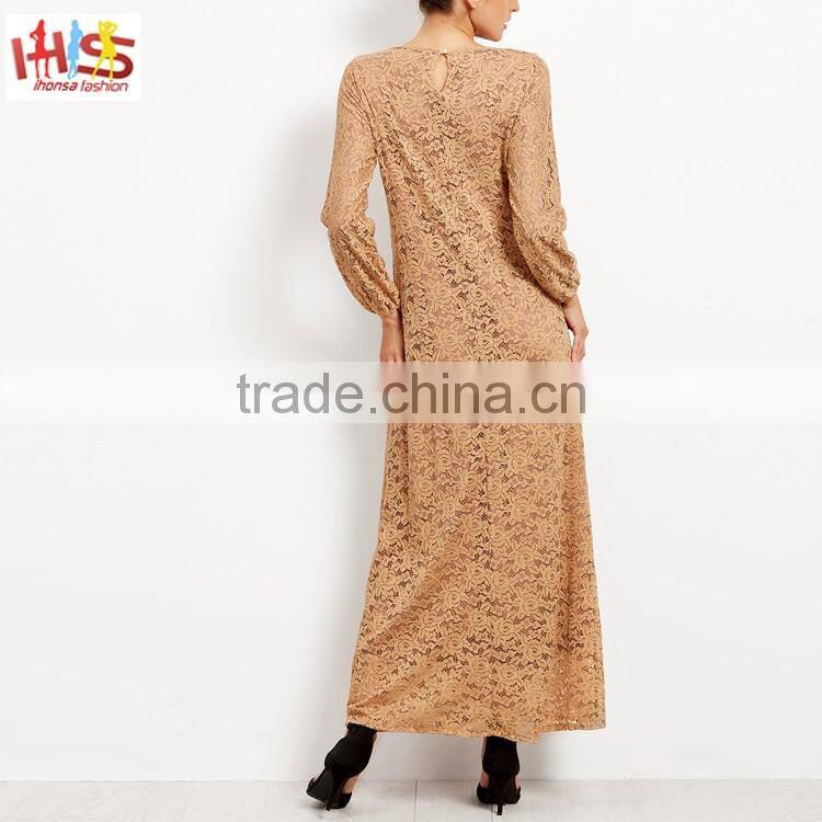 Muslim Lace Overlay Long Sleeve Islamic Kaftan Abaya Maxi Dress New Model Abaya in Dubai HST7733