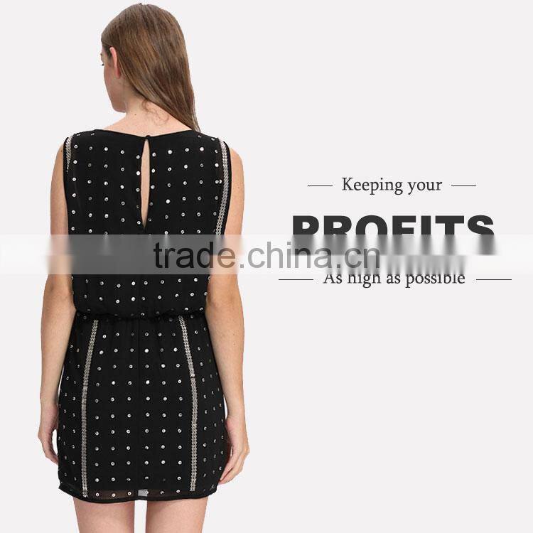 OEM Service Supply Design Sleeveless Latest Sequin Top Chiffon short Skater Dress