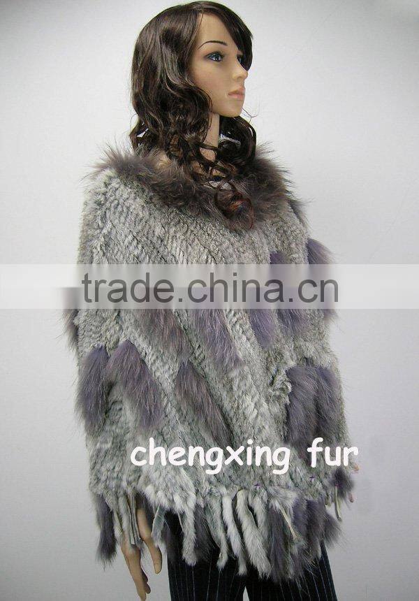 CX-B-31B Big Size Wholesale Natural Colour Knit Rabbit & Raccoon Fur Fashion Shawl
