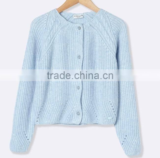 High Quality Girl's cable shoulder blue patterned stitched cardigan (BKNB26)