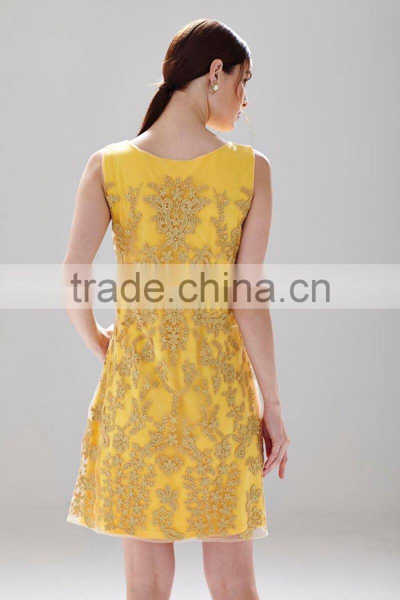 Boat -neck sleeveless gold chiffon ladies gorgeous fashion dress SR- D9793