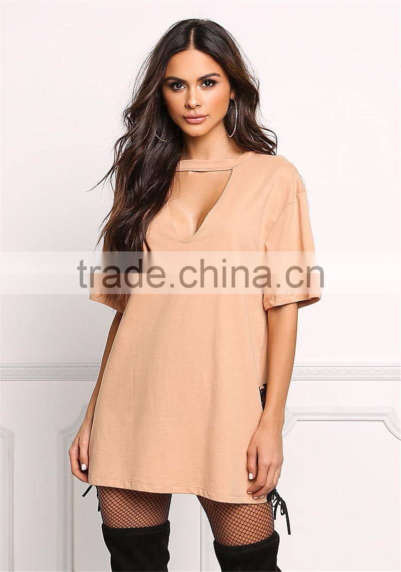 MGOO Fashion Custom Made 95% Cotton 5% Spandex 220g Nude V Cut Out Side Lace Up Shirts Tunic Tops