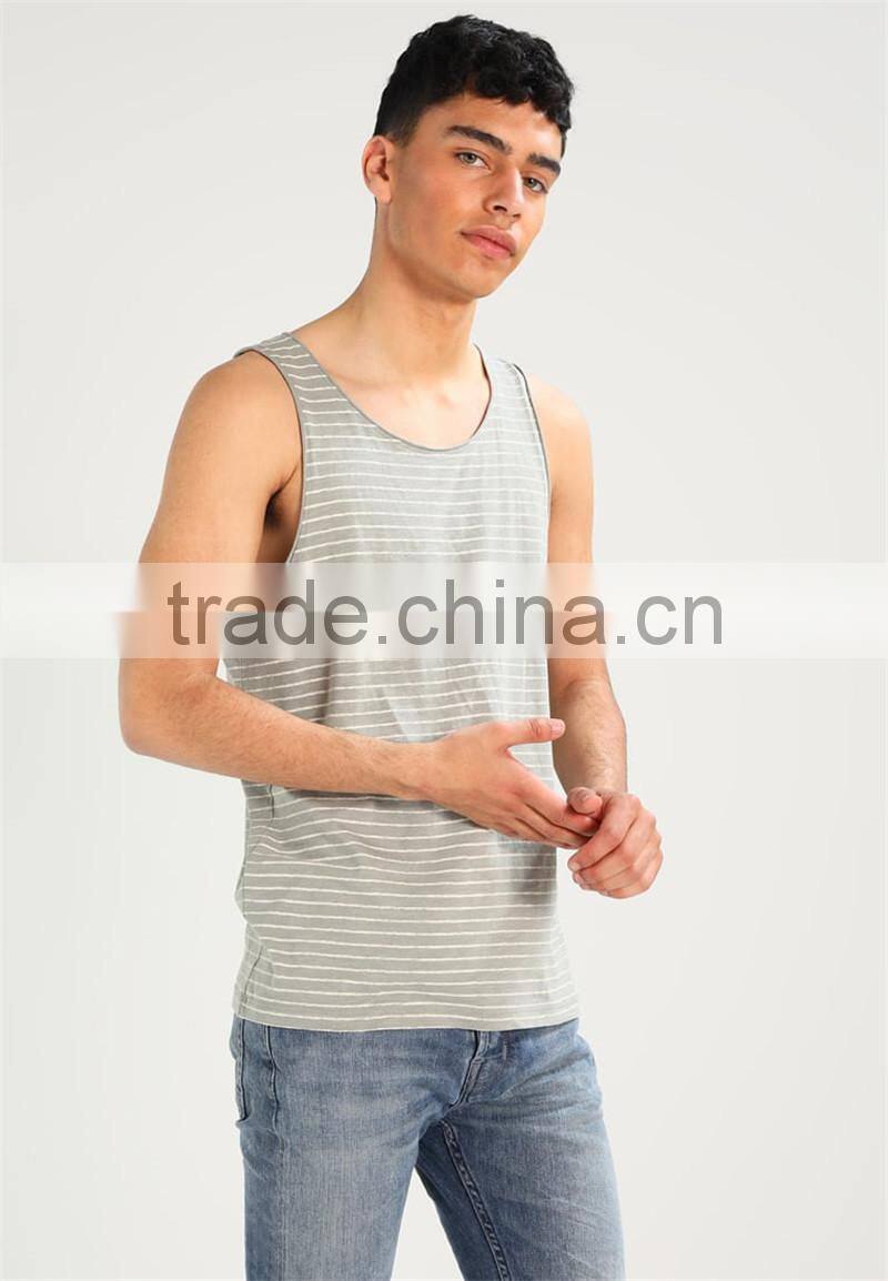 MGOO Scoop Neck Raw Cut Hems Mens Singlet Vests White Striped Sleeveless Drop Armhole Tank Top