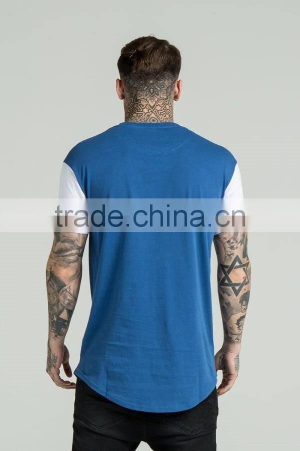 95% Cotton 5% Elastane Men's Longline T-Shirt Contrast Short Sleeve Curved Hem T Shirt Long Drop T Shirt with Round Bottom