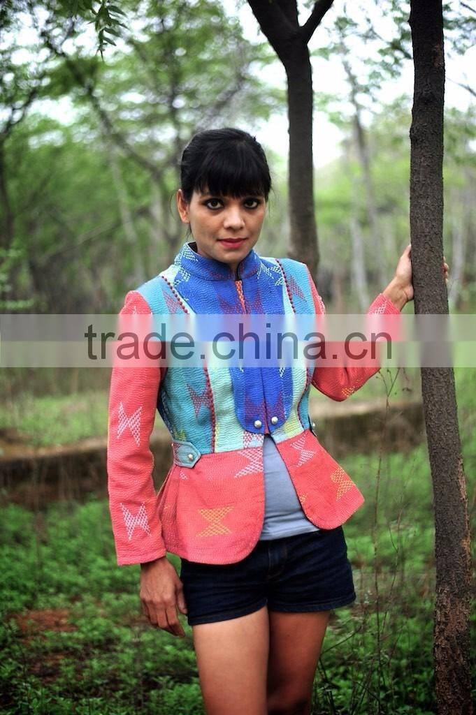 Vintage Kantha Jacket in Color Block & Contrast Lapel ~ Small