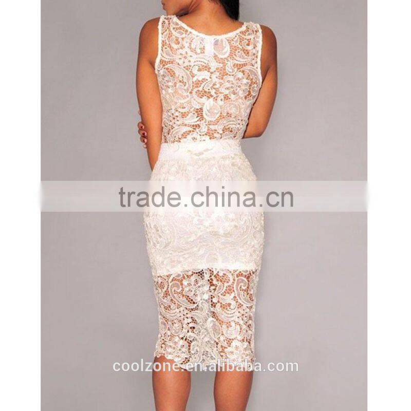 Ladys Sexy Floral Sheer Sleeveless Lace Crop Top and Midi Skirt Set Women Party Dress