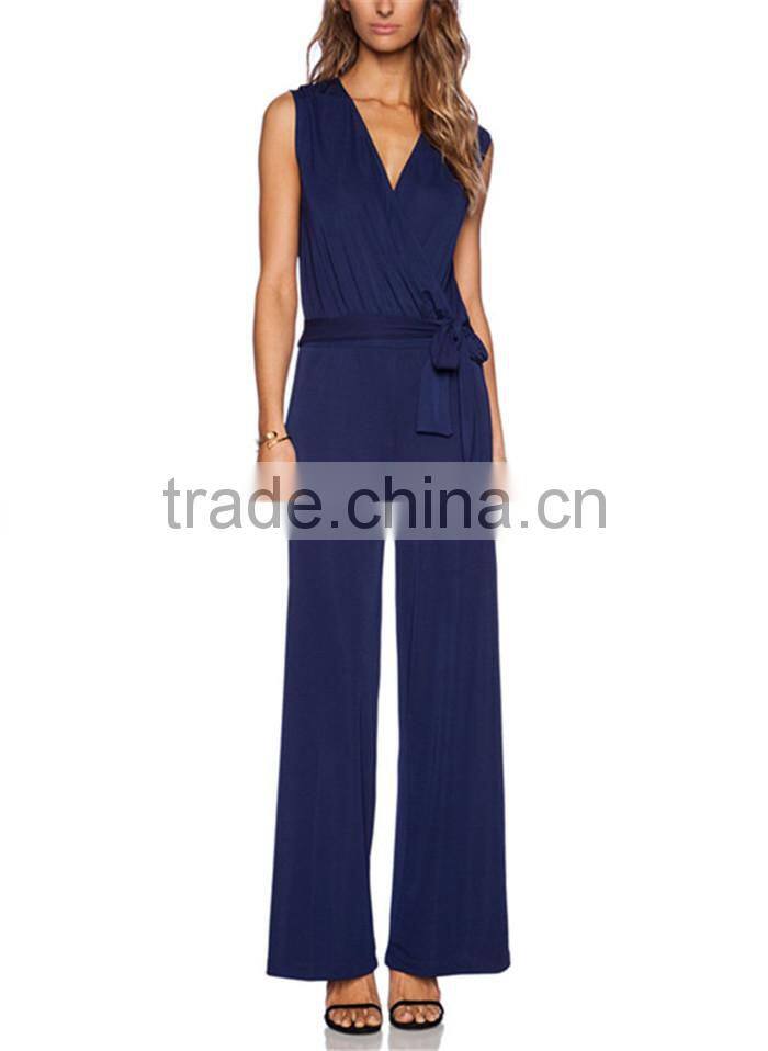2015 latest spring simple sexy blue ladies adult jumpsuit pajama