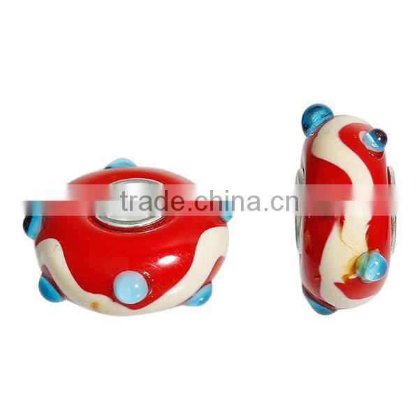 Wholesale Custom Round Silver Tone Core Red Stripe Pattern European Style Large Hole Lampwork Glass Beads