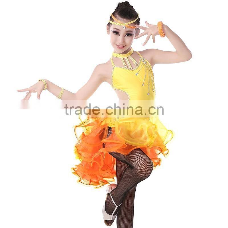 Girl Sexy Open Back Sequin Latin Dance Dress Child Kid Rhinstone Tango Salsa Ballroom Performance Dresses