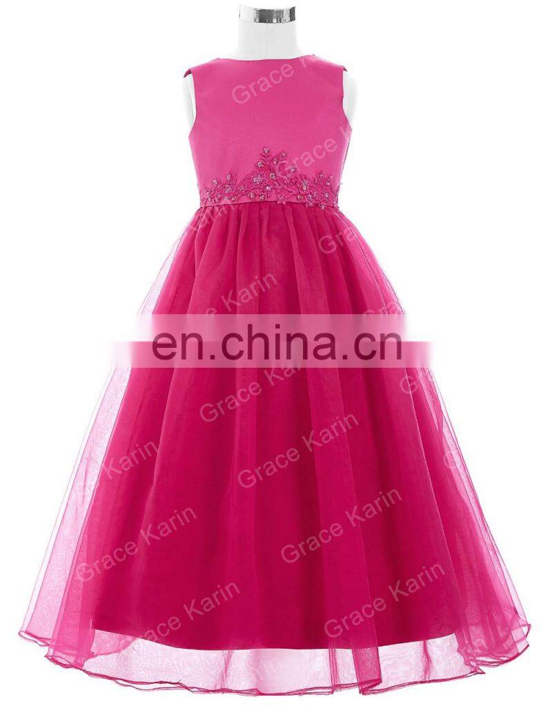 Grace Karin Full-Length Sleeveless Deep Pink Voile Satin Long Flower Girl Dress New Model Girl Dress 7~12 Years Old CL4491-3