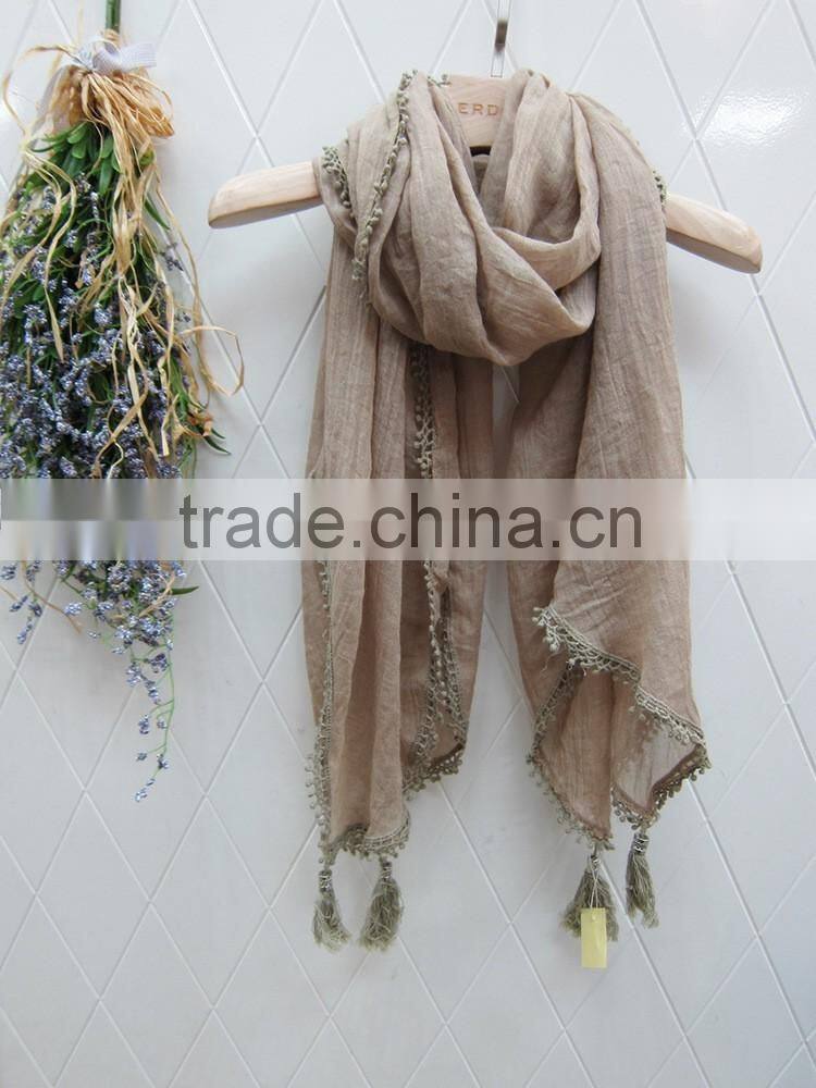 Fashion Latest Large Long Plain Cotton Linen Embroidery Lace Brim Tassel Scarf Shawl