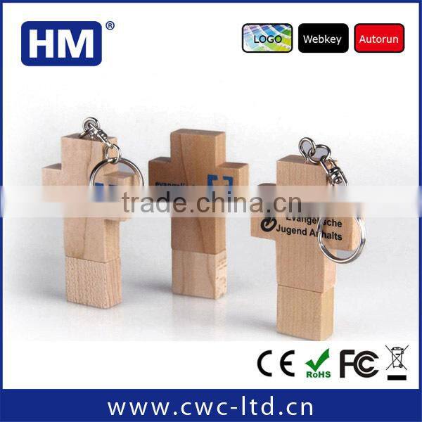 Wood cross USB flash disk 2GB4GB8GB16GB with keychain wooden USB stick Custom Solution print/laser engraving LOGO