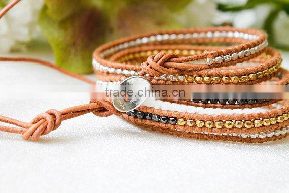 Gold plated Stripe Leather Bracelet with colorful beads
