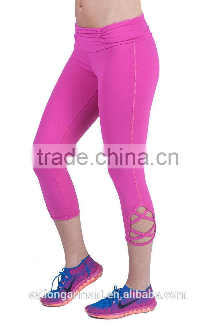 Slimming style scrunchy waist crossing straps on the bottom of each leg 4 way stretching bodybuilding fitness yogo leggings