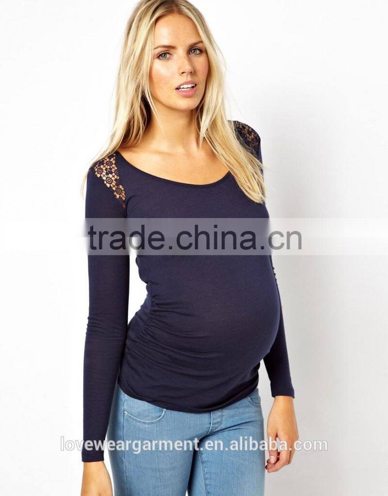 Wholesale plain blank maternity cotton spandex long sleeve t shirt with lace