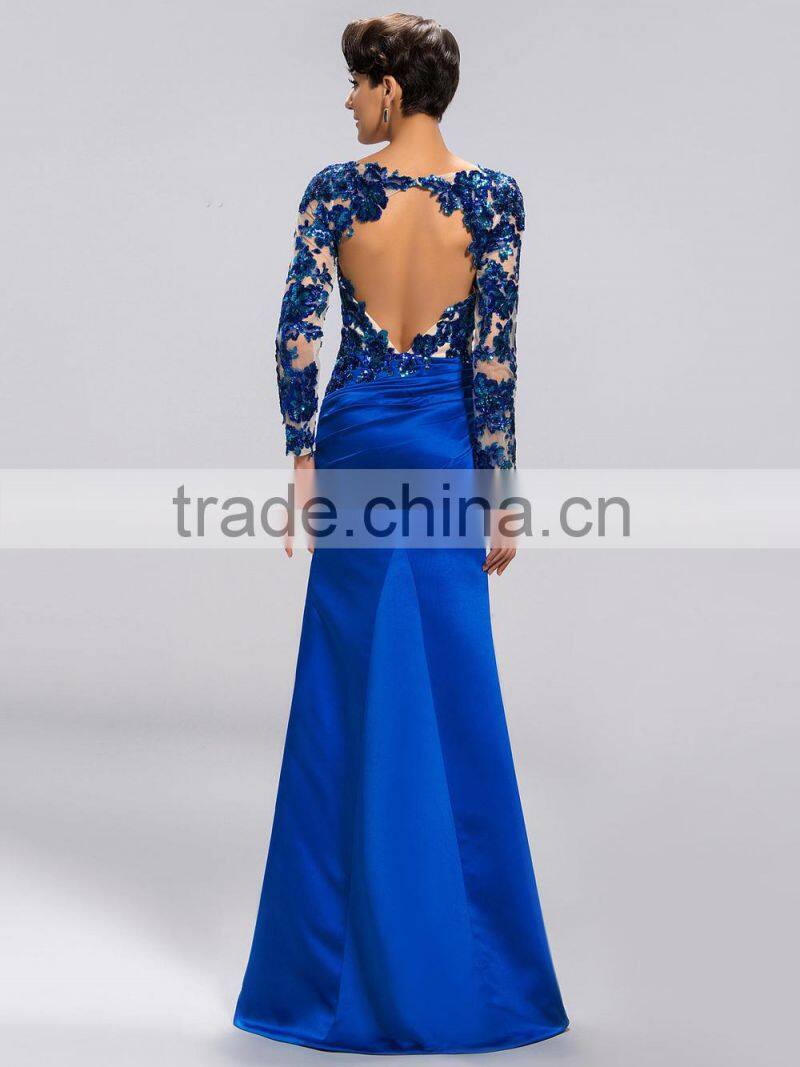 2015 Fashion Scoop Neck Sequin Appliques Long Sleeve Backless Satin Floor Length Mother of the Bride Dress (DVMD-2992)