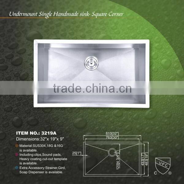 cUPC Certificate Handmade Undermount Single Bowl America Stainless Steel Kitchen Sink For USA Canada 3219Y