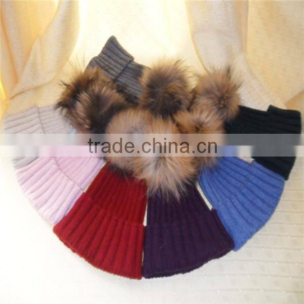 2016/2017 High Quality Winter Knitted Colorful Wool Beanie Hats with Raccoon Fur Pom poms