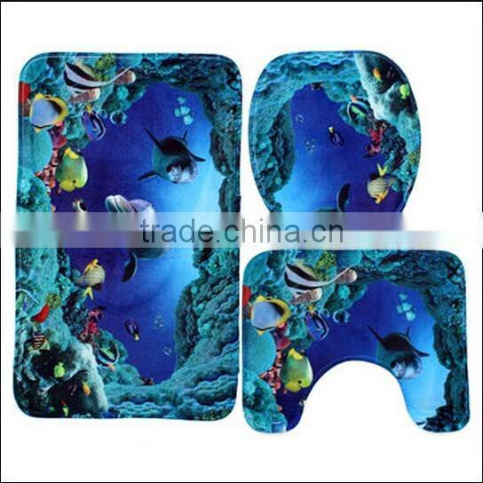 3pcs Blue Ocean Bath Rugs Set / Toilet Seat Cover Carpet / bathroom mat