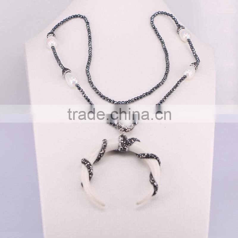 Fashion Drop Pearl Shell Gemstone Necklace, Double Horn Pendant Hematite Beads Necklace