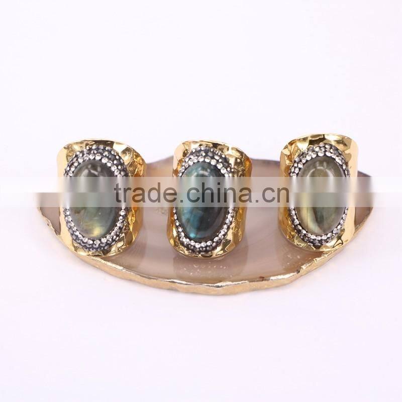 Natural Labradorite Stone Ring, Metal Gold Plated Ring, Pave Setting Crystal Jewelry Finger Gold Plated Druzy Ring