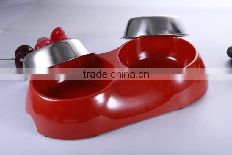 2016 popular Convenient double dinner stainless steel pet bowl manufacturer,red color