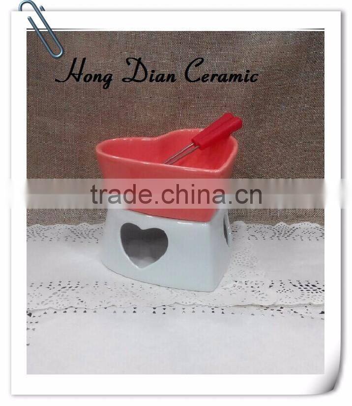 matt heart shaped ceramic chocolate fondue set,color glazed ceramic fondue pot with forks,OEM logo chocolate fondue set