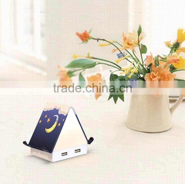Multi-functional Tiny House Design 4 Port USB Hub, Touch Sensor LED Night Light, Creative USB Hub With Smartphone Holder