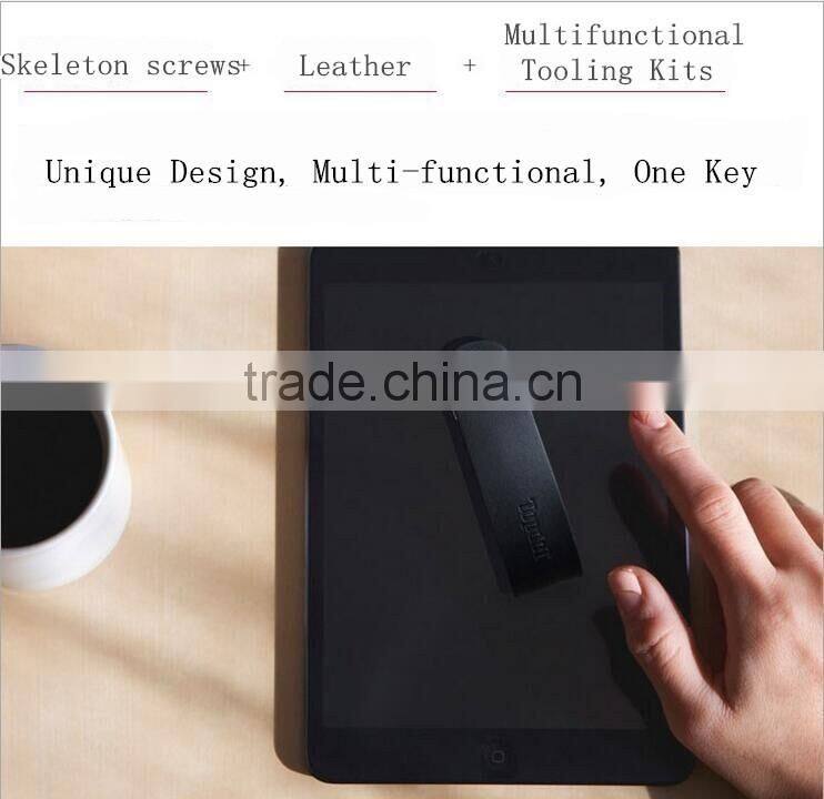 2016 New Arrival Multifunctional Keychain With Organizer/Bottle Opener/ Screwdriver/Phone Holder Cowhide Alloy Keychain