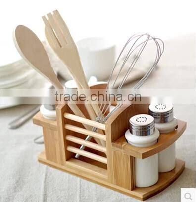 functional bamboo spice rack set with ceramic jar