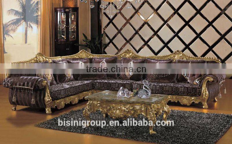BISINI Exquisite Solid Wood Carved Sofa Set Gold Foil Lobby Leather Sofa Set For Hotel Lobby