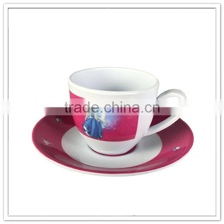 Family use girls pretty princess printed tea serving plastic melamine kids cups and saucer